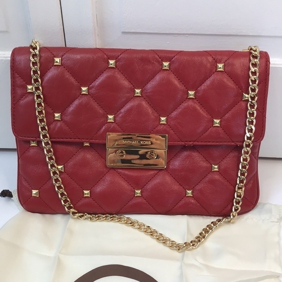 MICHAEL MICHAEL KORS Red Gold Sloan Quilt Studded Clutch - Picture 1 of 6